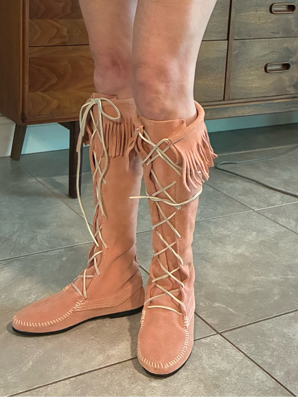 Fringe Lace-Up Knee-High Moccasin Boots - Peach Suede